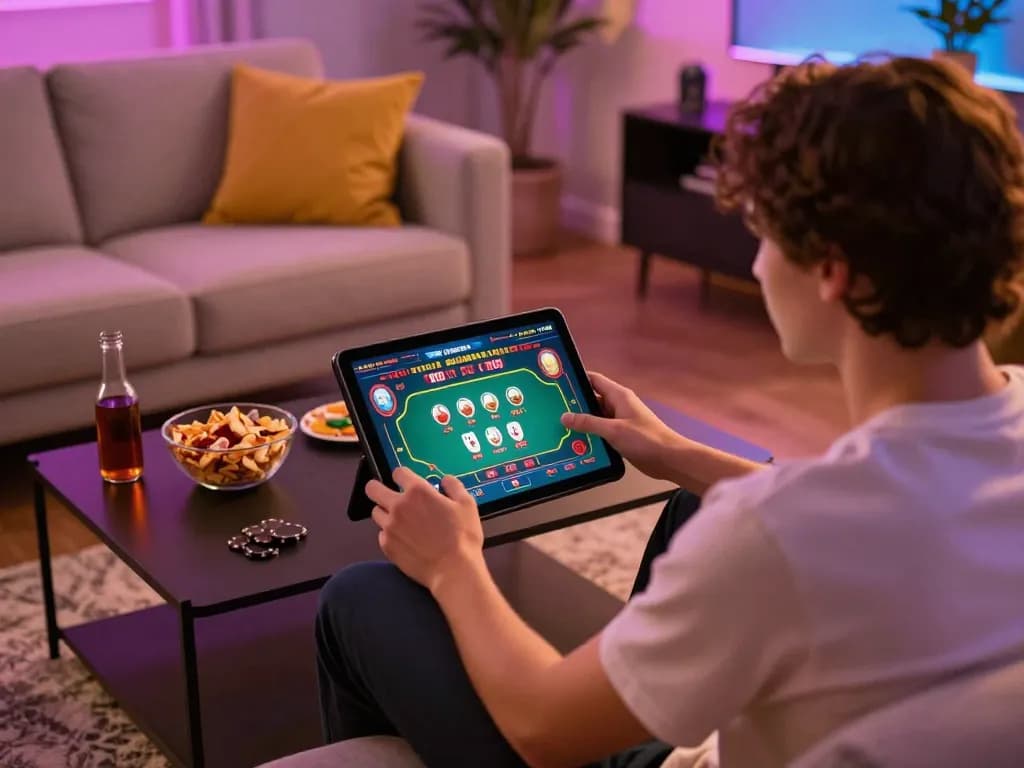 Engaging online gaming scene with MAX88 interface showcasing poker action, cozy home setting with snacks.