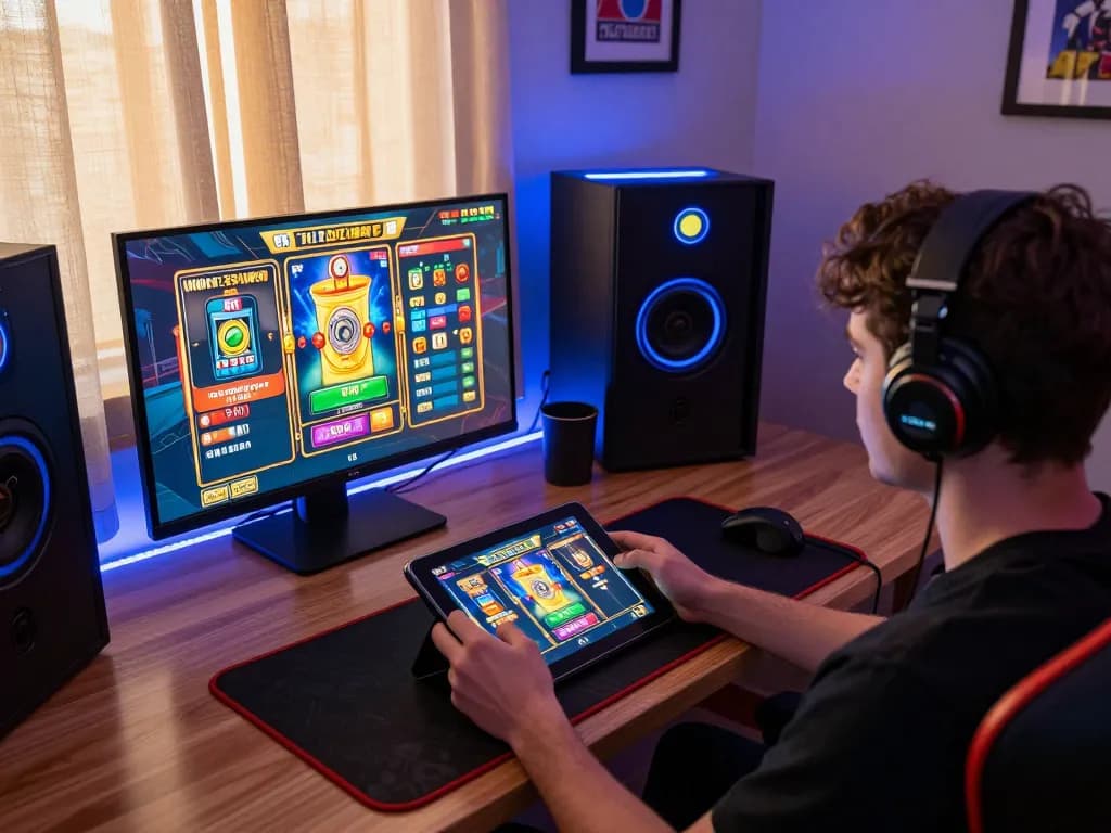 IDNSCORE player enjoying a slot game on a tablet in a cozy gaming setup, emphasizing responsible gaming.