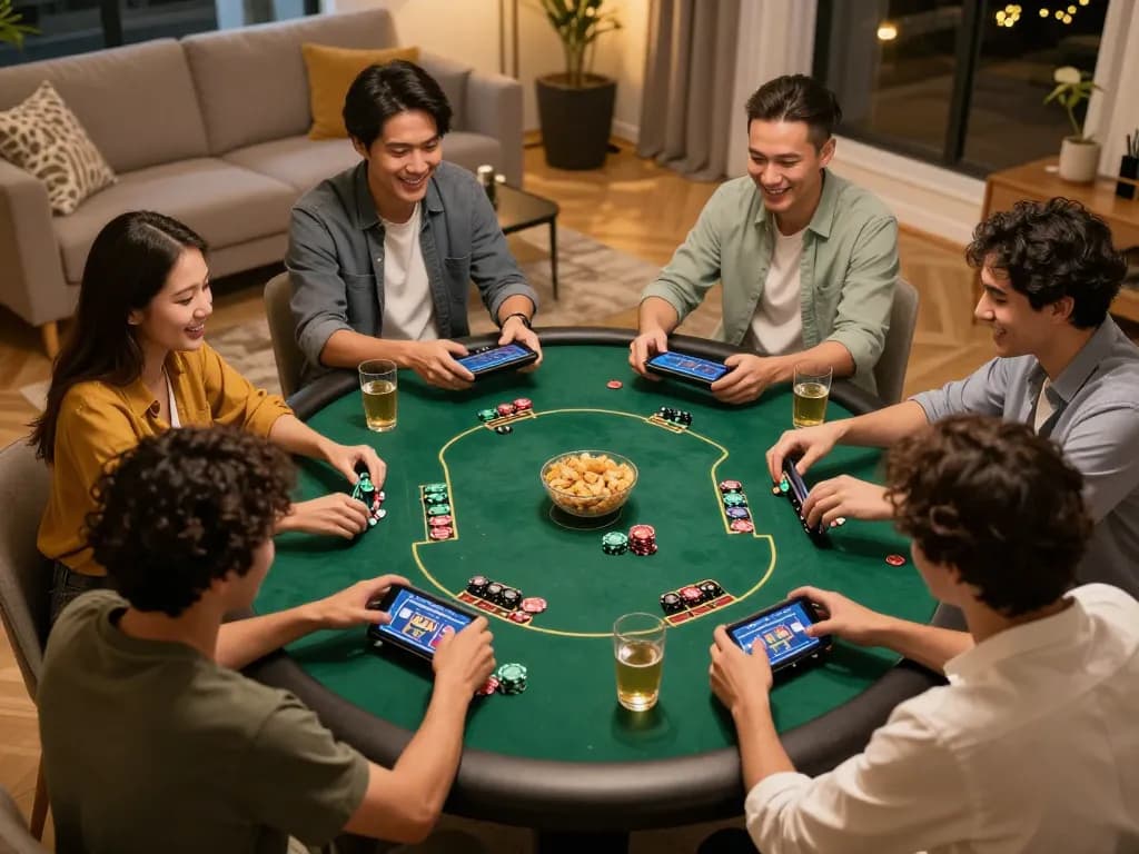 Sahabat menikmati permainan slot Spaceman bersama sambil bermain poker, suasana sosial yang hidup ditonjolkan.