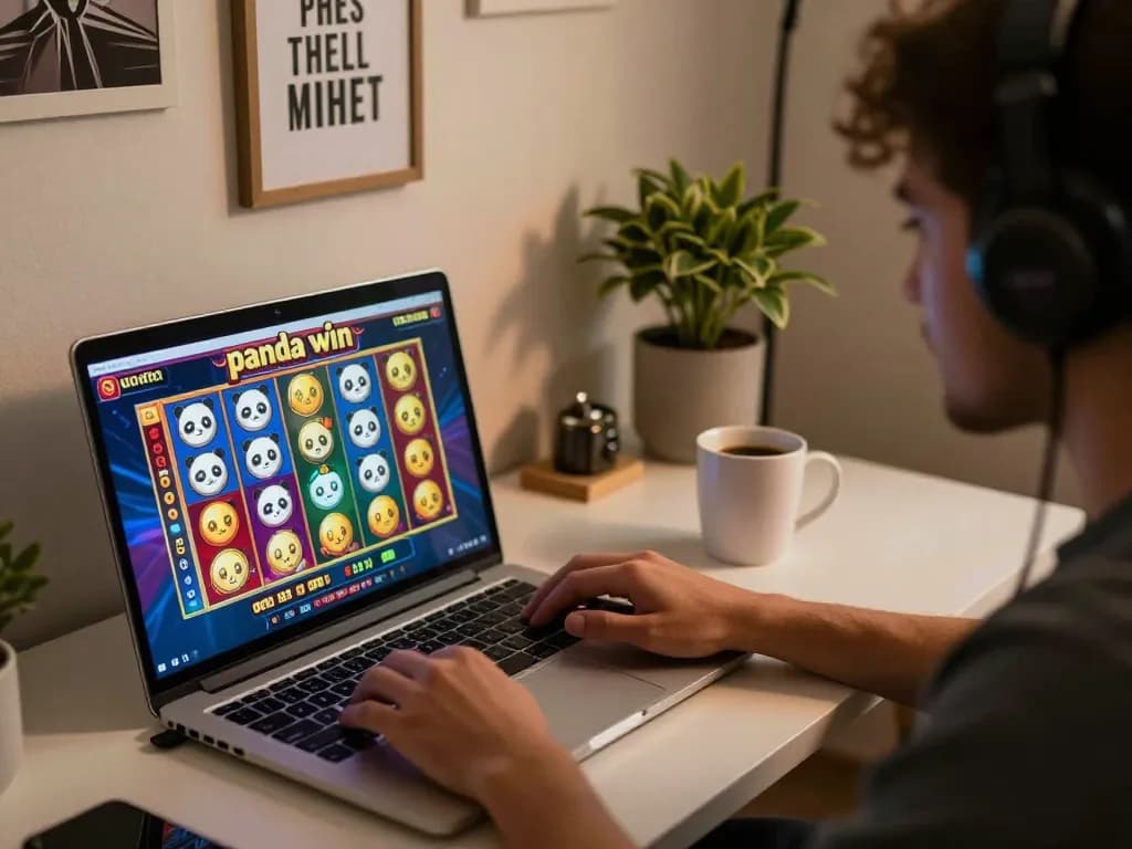Permainan slot Panda Win yang ditampilkan di layar laptop saat bermain kasino online.