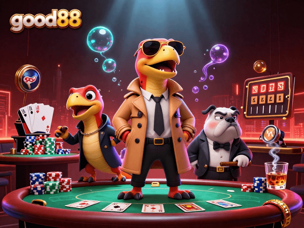 Experience vibrant casino action with good88 in this colorful 3D illustration of hilarious raptors.