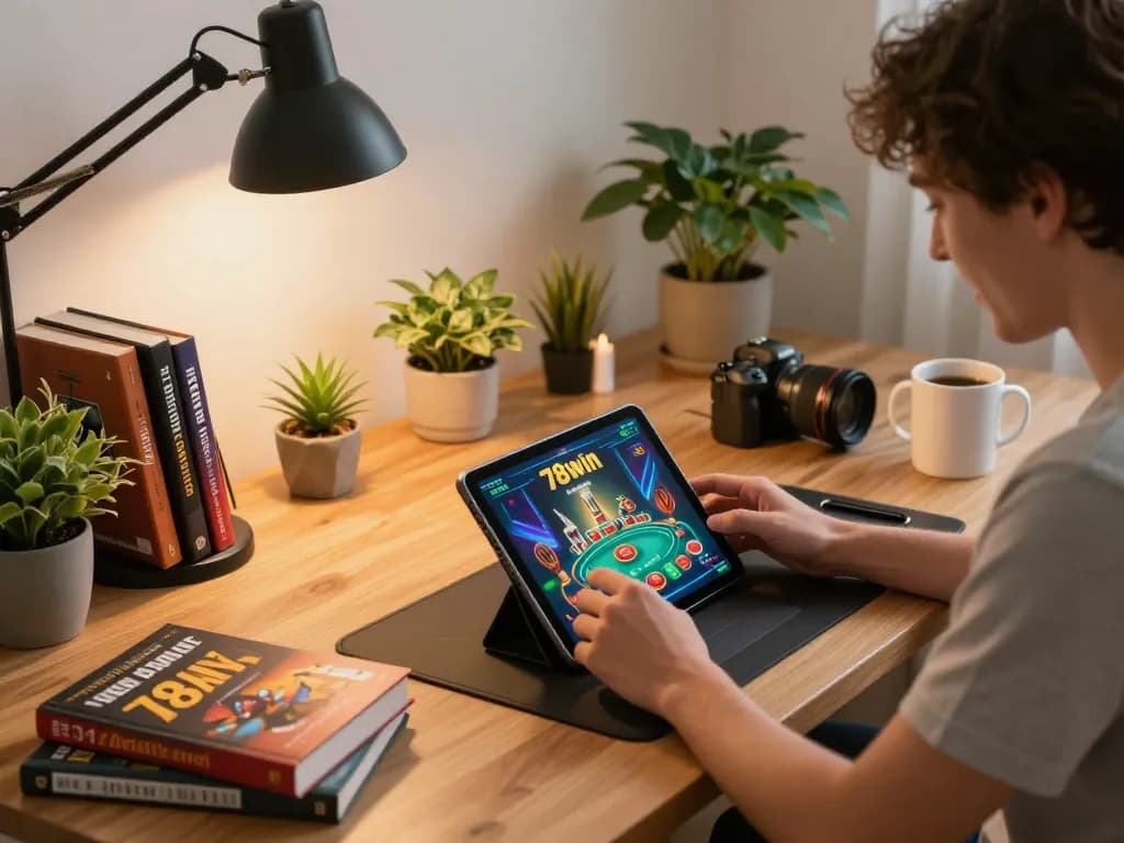 Engaged player enjoying 78win app on tablet in a cozy, modern home gaming setup.