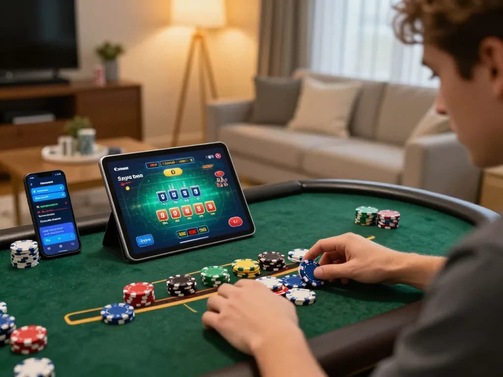 Player engaging in online blackjack at home with lc88 app displayed