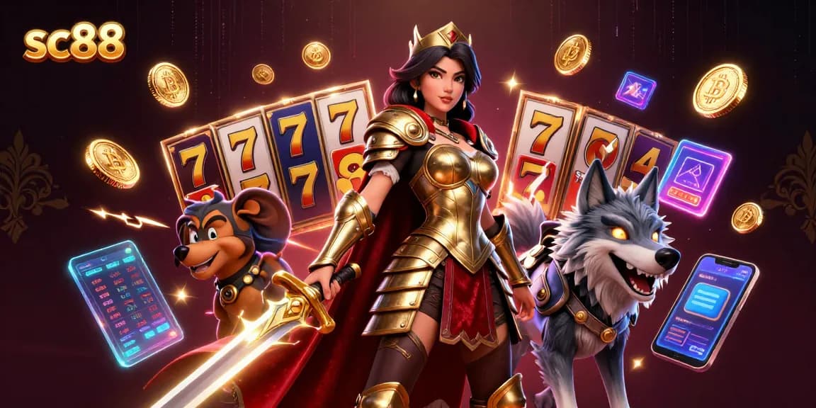 Experience thrilling slots gameplay at sc88 with a stunning warrior queen and an armored wolf.