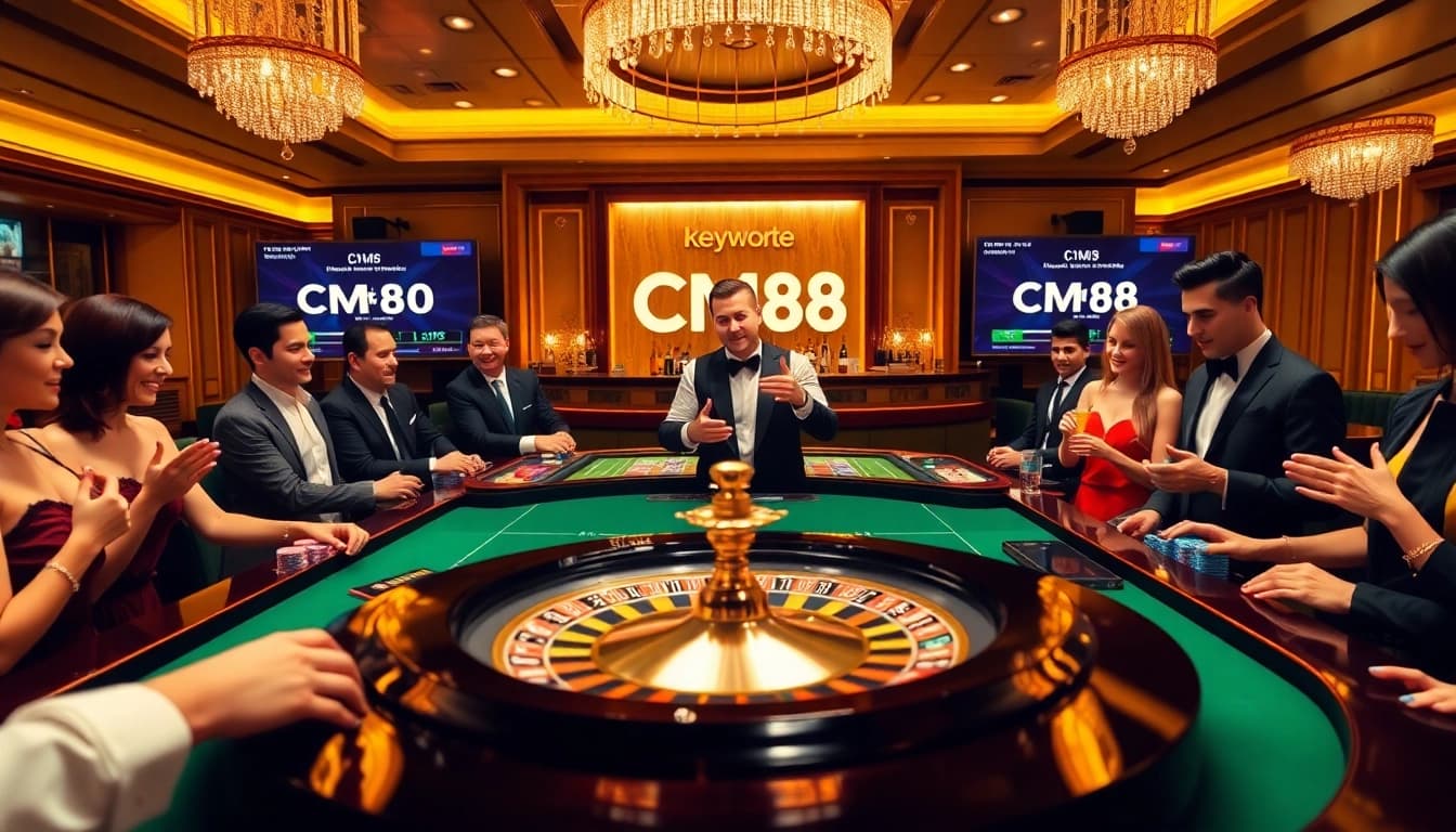 Experience thrilling roulette action at CM88 casino, vibrant atmosphere with excited players and elegant design.