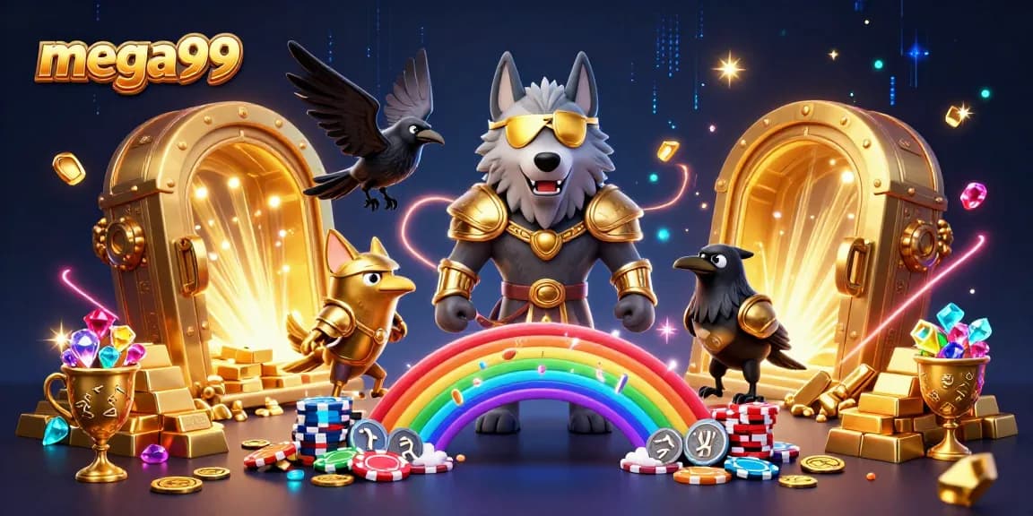 Experience mega99 with Odin and ravens in a vibrant casino chip scene full of treasures.
