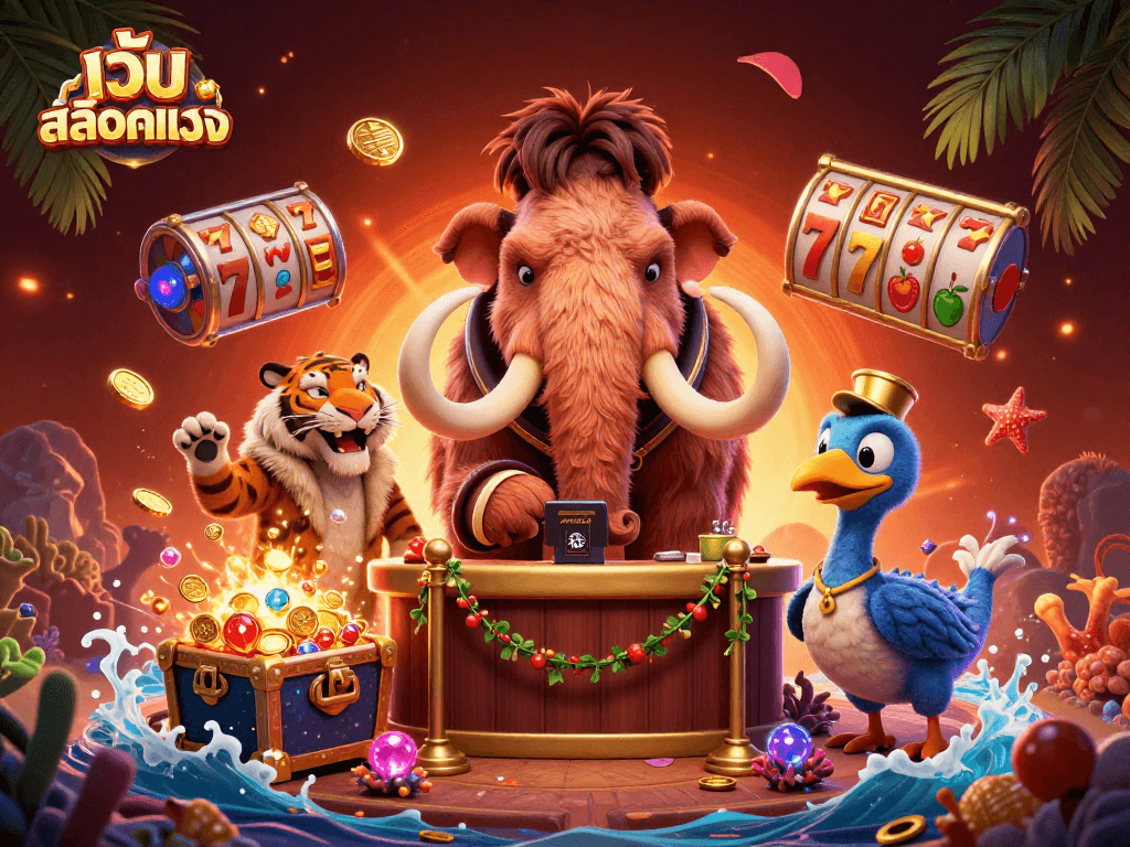 Engage with เว็บสล็อตตรง as a thrilling casino experience, featuring vibrant gaming elements and dynamic characters.