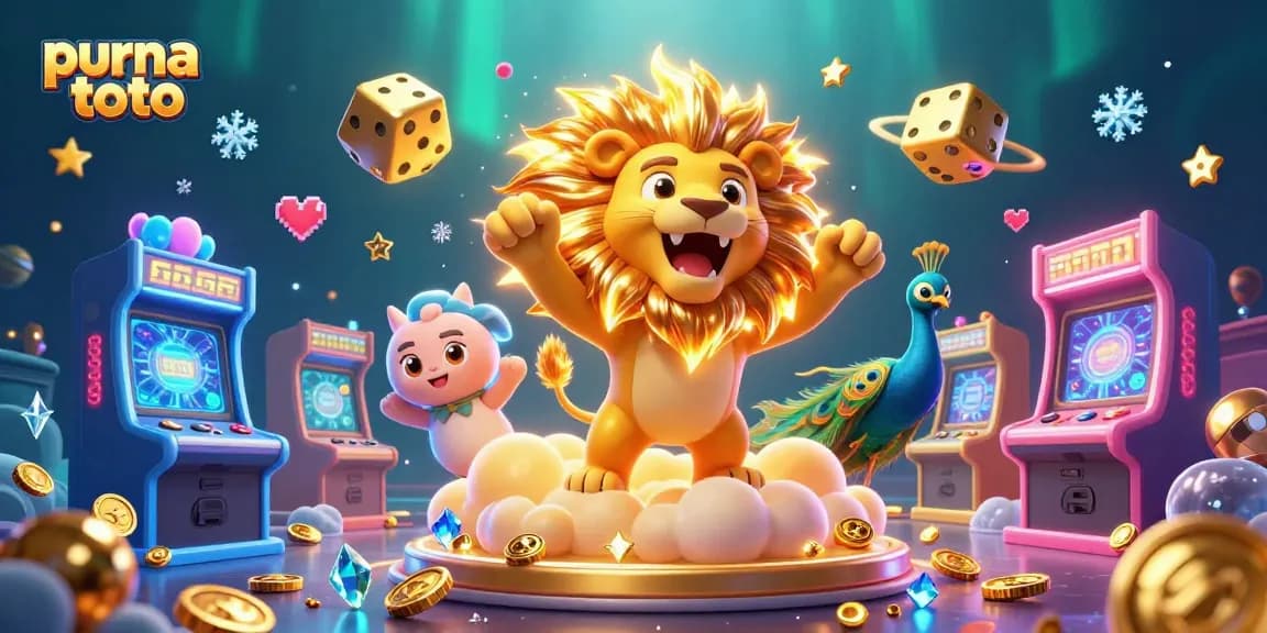Gambarlah purna toto dengan singa 3D dan elemen kasino yang menarik di latar luar angkasa.