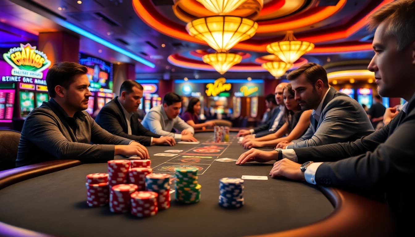 Miko69 memukau saat bermain poker dengan tumpukan chip berwarna-warni dan suasana kasino yang enerjik.