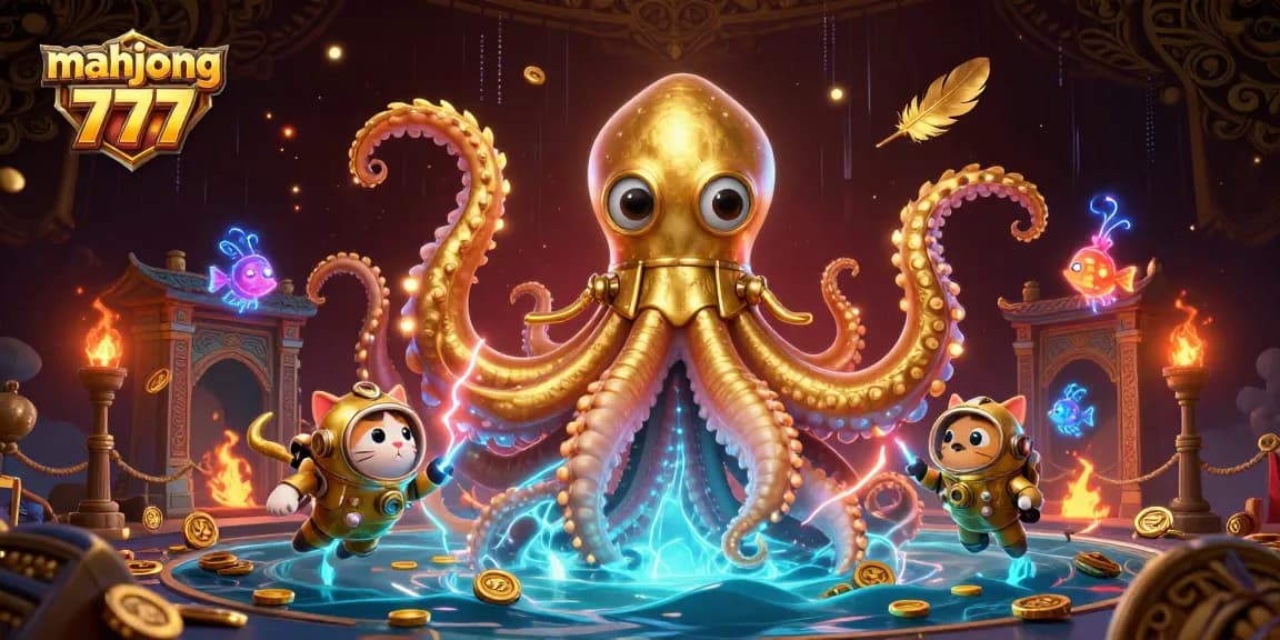 Experience thrilling gameplay with mahjong 777, featuring a kraken and divers among gold coins.