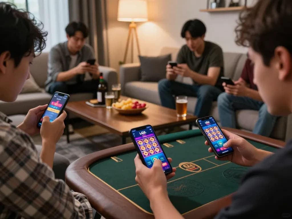 LGO SUPER players enjoying thrilling online slot games on their smartphones in a cozy setting.