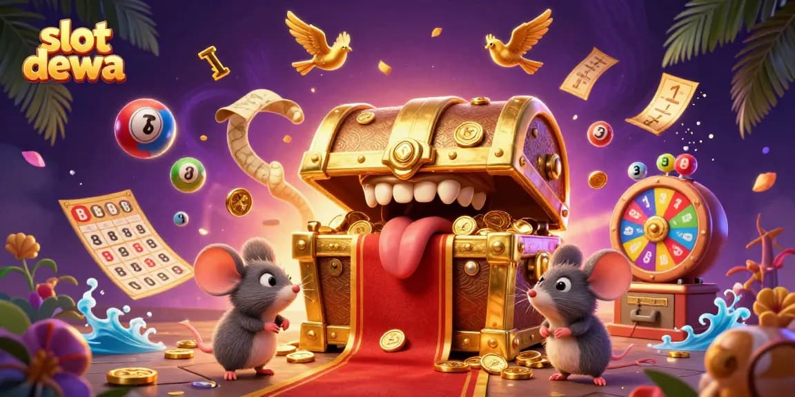 Menyasikan slot dewa dengan peti harta karun 3D yang menggoda, dikelilingi elemen permainan menarik.