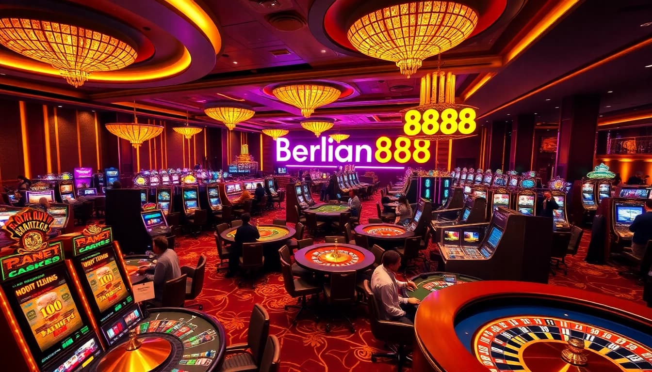 Berlian888 showcases an exciting casino atmosphere filled with players experiencing thrilling jackpots at slot machines.