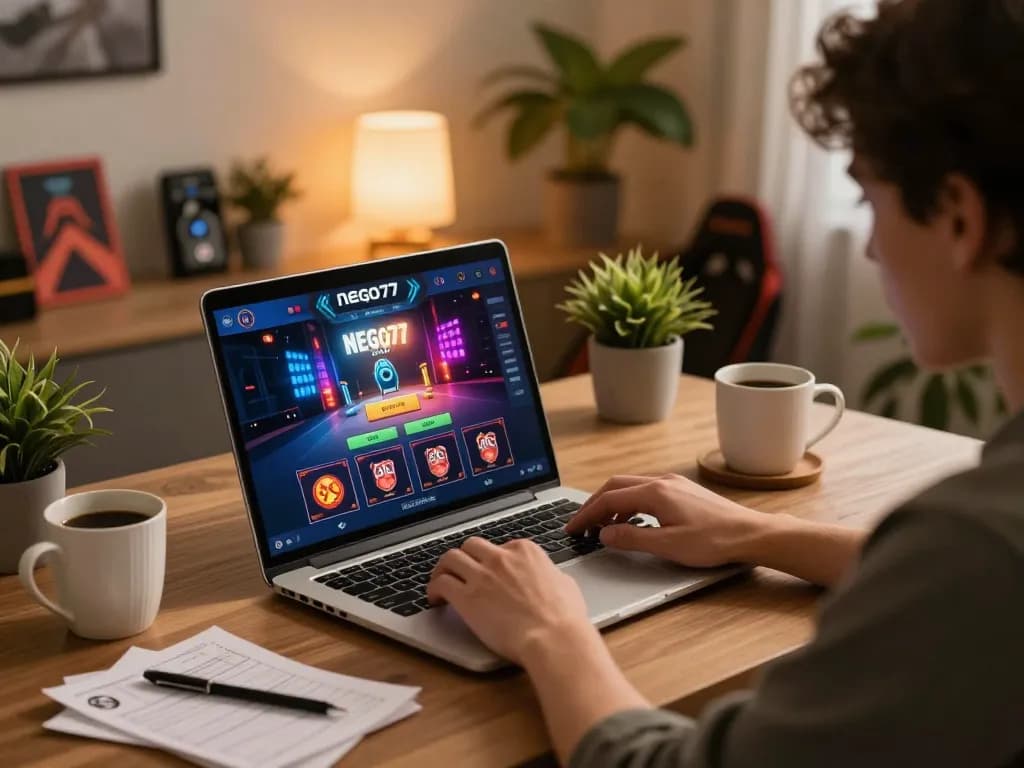 Engaged patron exploring negotiated gaming options on the nego77 platform at home.