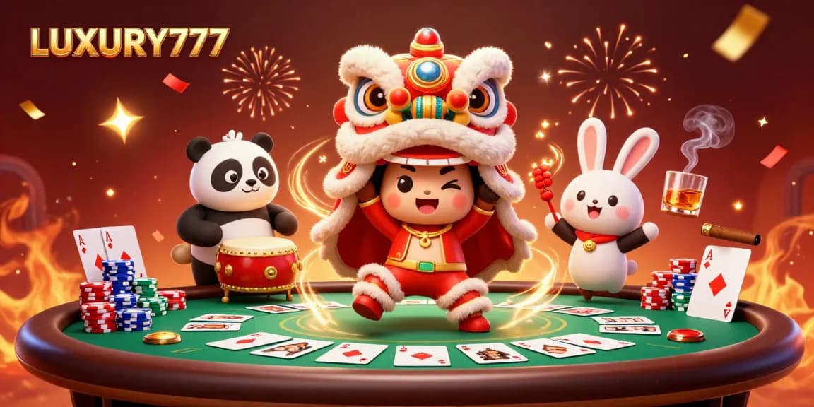 Menyenangkan dengan LUXURY777, ilustrasi kasino 3D dengan karakter yang bersenang-senang dan elemen kasino yang meriah.