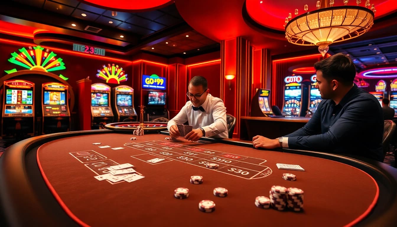 Experience luxury gaming at Go 99 with a vibrant casino table and professional dealer.