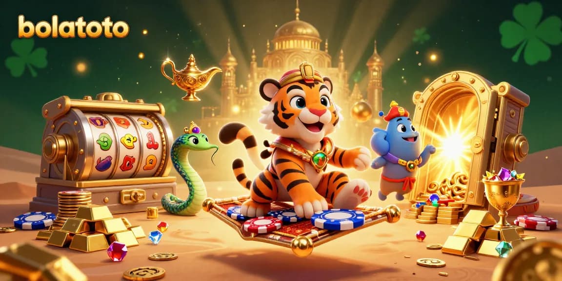Experience bolatoto's thrilling wins with cartoon characters amid dazzling slot reels and treasures.