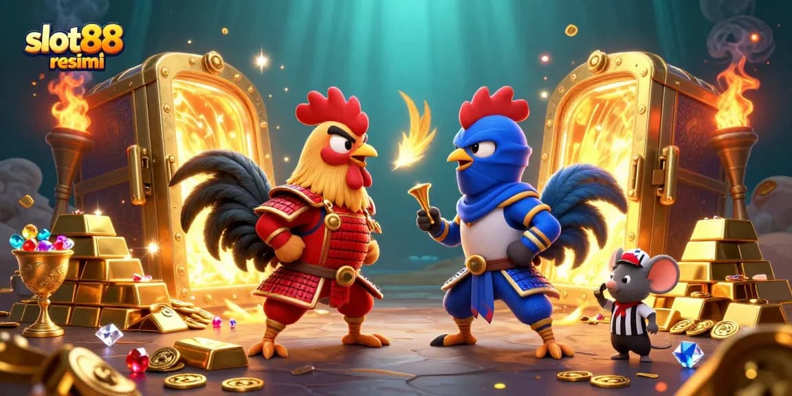 Mengoptimalkan slot88 resmi dengan duel ayam kartun yang dramatis dalam suasana berkilau.