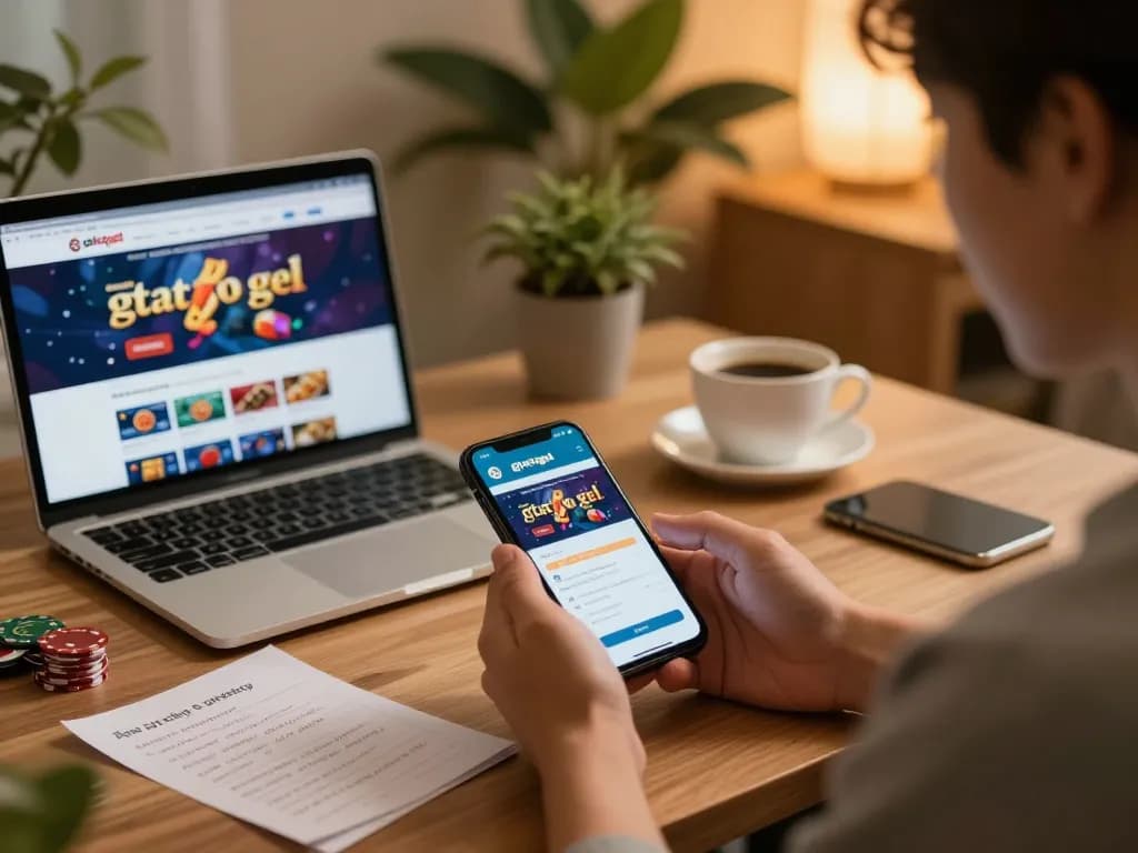 Player using gtatogel app for online gaming in a cozy home office.