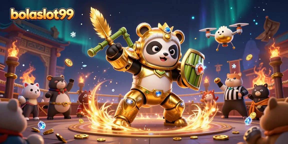 Experience thrilling action with bolaslot99 as a golden panda battles in a vibrant arena.