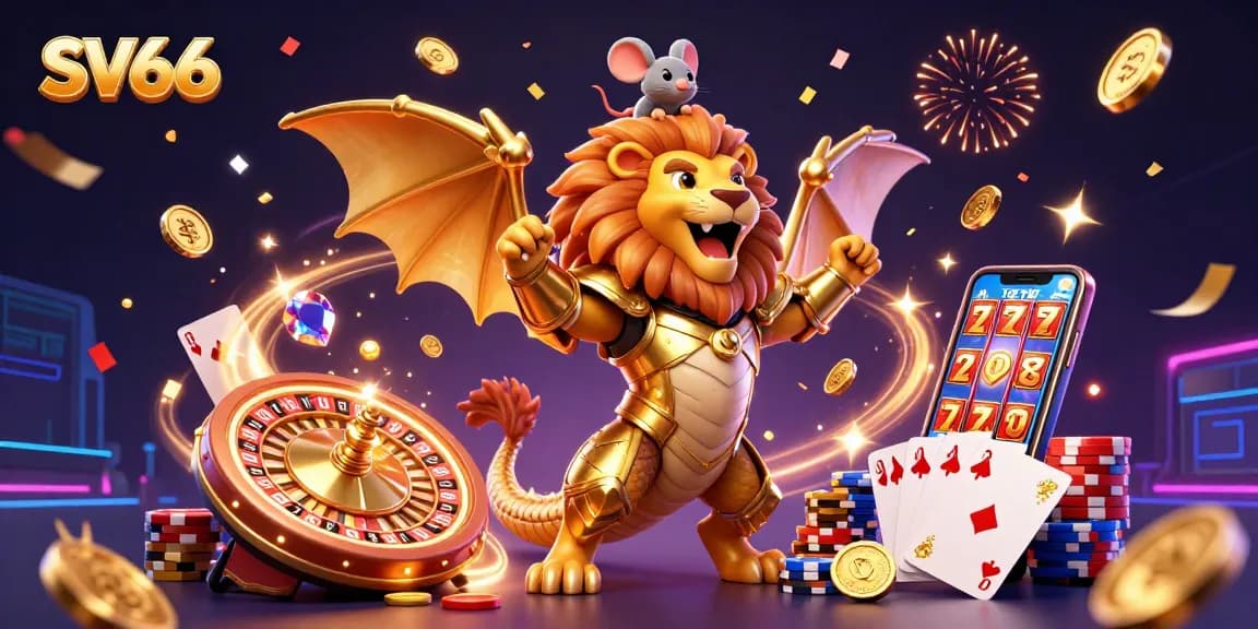 SV66 features a golden chimera creature amidst cascading coins and vibrant casino elements.