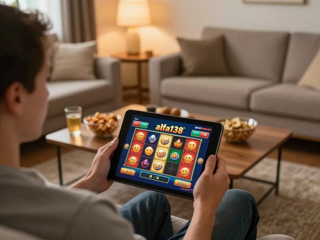 Engaging in alfa138 slot gameplay on tablet in a cozy home setting.