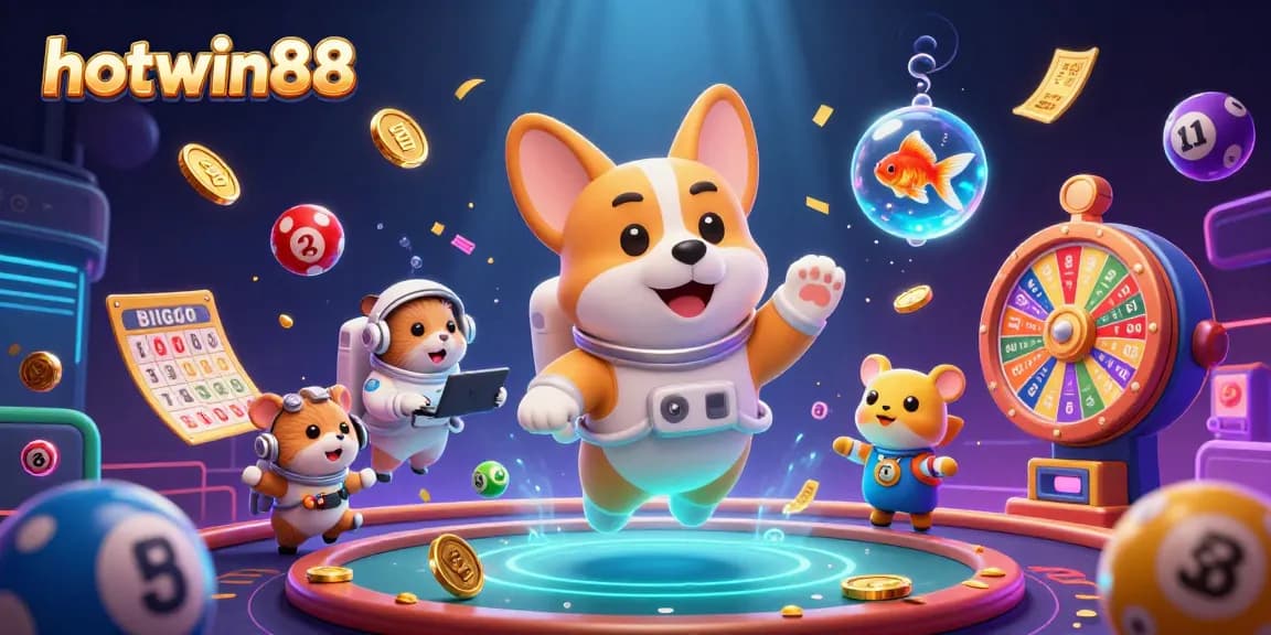 Engage in thrilling gaming at hotwin88, featuring a corgi astronaut in a vibrant casino with floating poker chips and golden coins.
