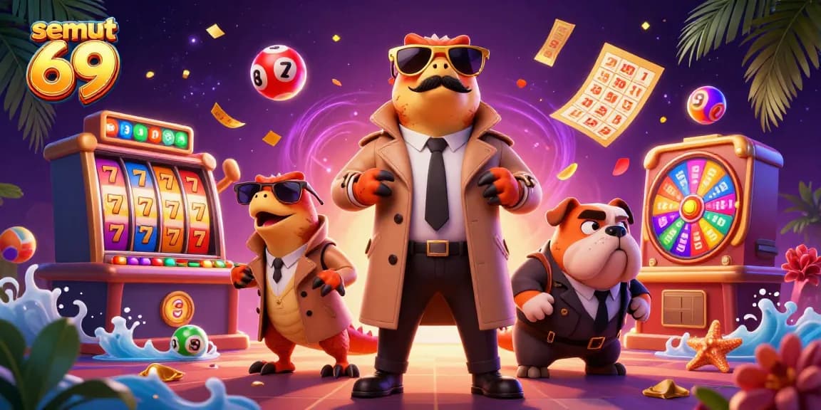 Slot jackpot menarik semut 69 dengan raptor dan bulldog bouncer di latar belakang kasino.