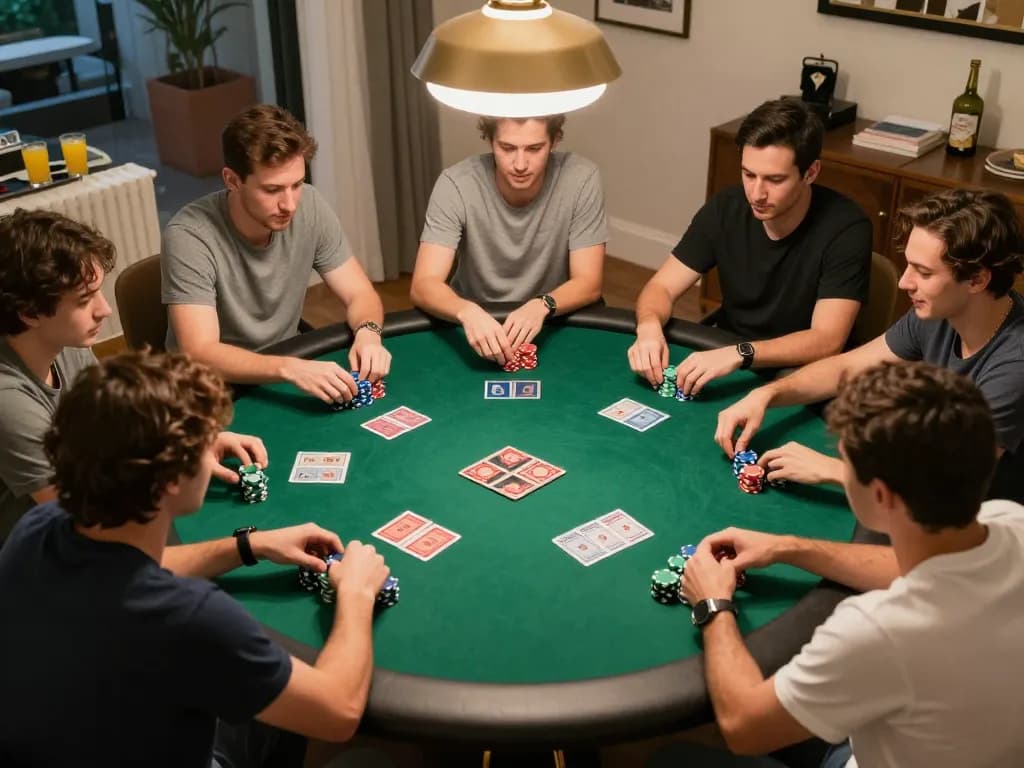 LGO GOAL poker game night with friends, showcasing engaged players and vibrant chips.