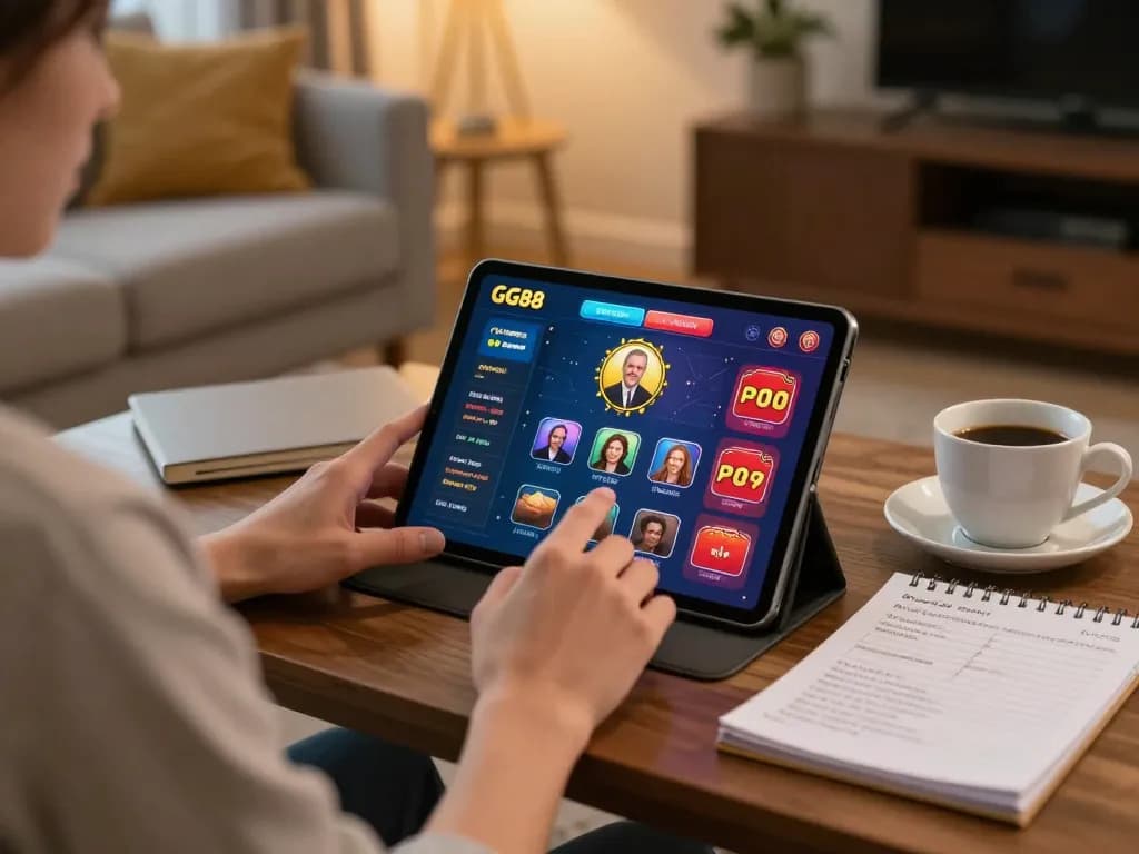 Player engaging with GG88 online casino app in a comfortable home setup, highlighting gaming excitement