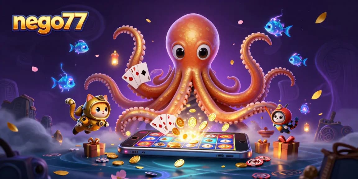 Experience exciting gameplay with nego77 as golden coins and slot games fill this vibrant 3D illustration.