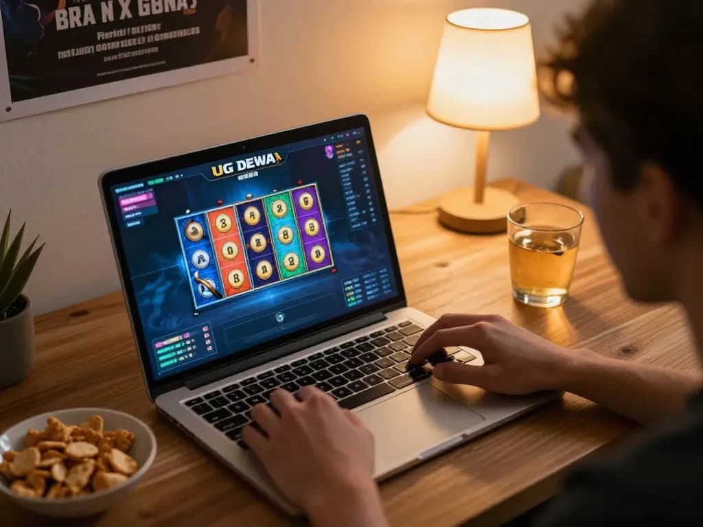 View of a player engaged in slot gameplay on the UG DEWA platform on a laptop, cozy home setting with snacks.