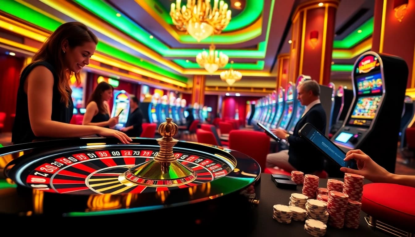Exciting casino atmosphere featuring AE888 online gambling interface with poker chips and roulette wheel.