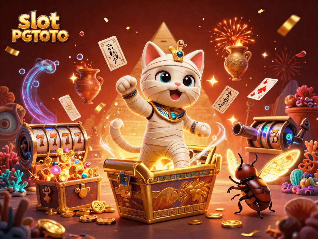 Engage with slot PGTOTO as the Egyptian mummy cat leaps from a golden sarcophagus in a vibrant casino.