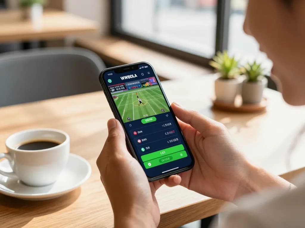 WWBOLA player engaging with mobile app for sports betting at a café with vibrant atmosphere.