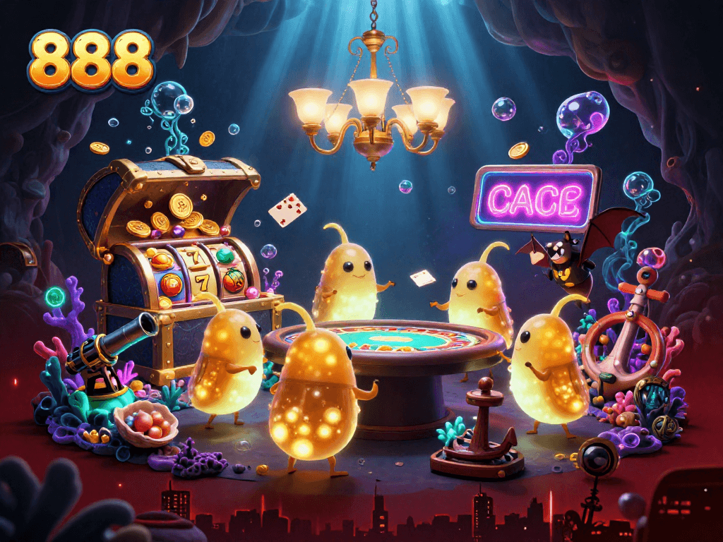 Experience thrilling gameplay at 888 with our lively casino scene full of slots and bioluminescent charm.