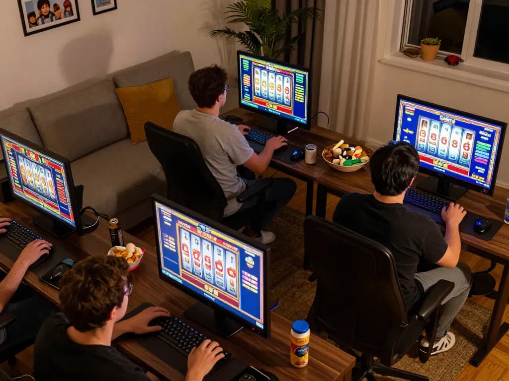 Pemain menikmati permainan slot OKESLOT di perangkat mereka dalam suasana ruang tamu yang nyaman.