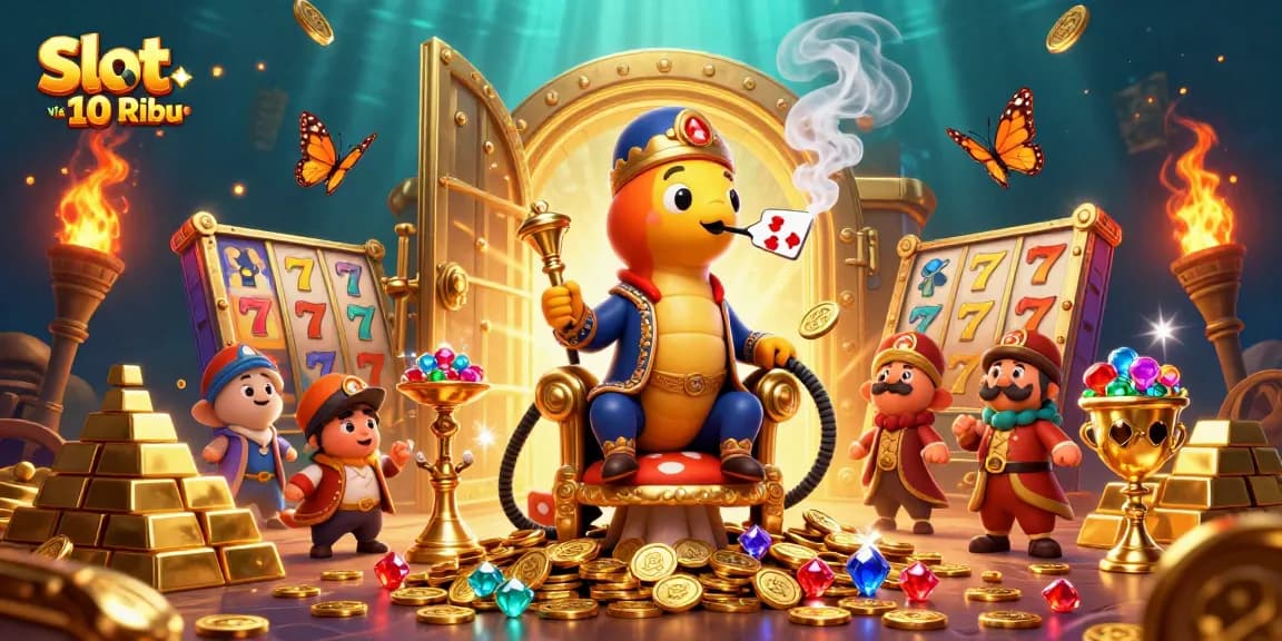 Experience excitement with Slot via Qris 10 Ribu as vibrant characters and slot reels create a thrilling scene.