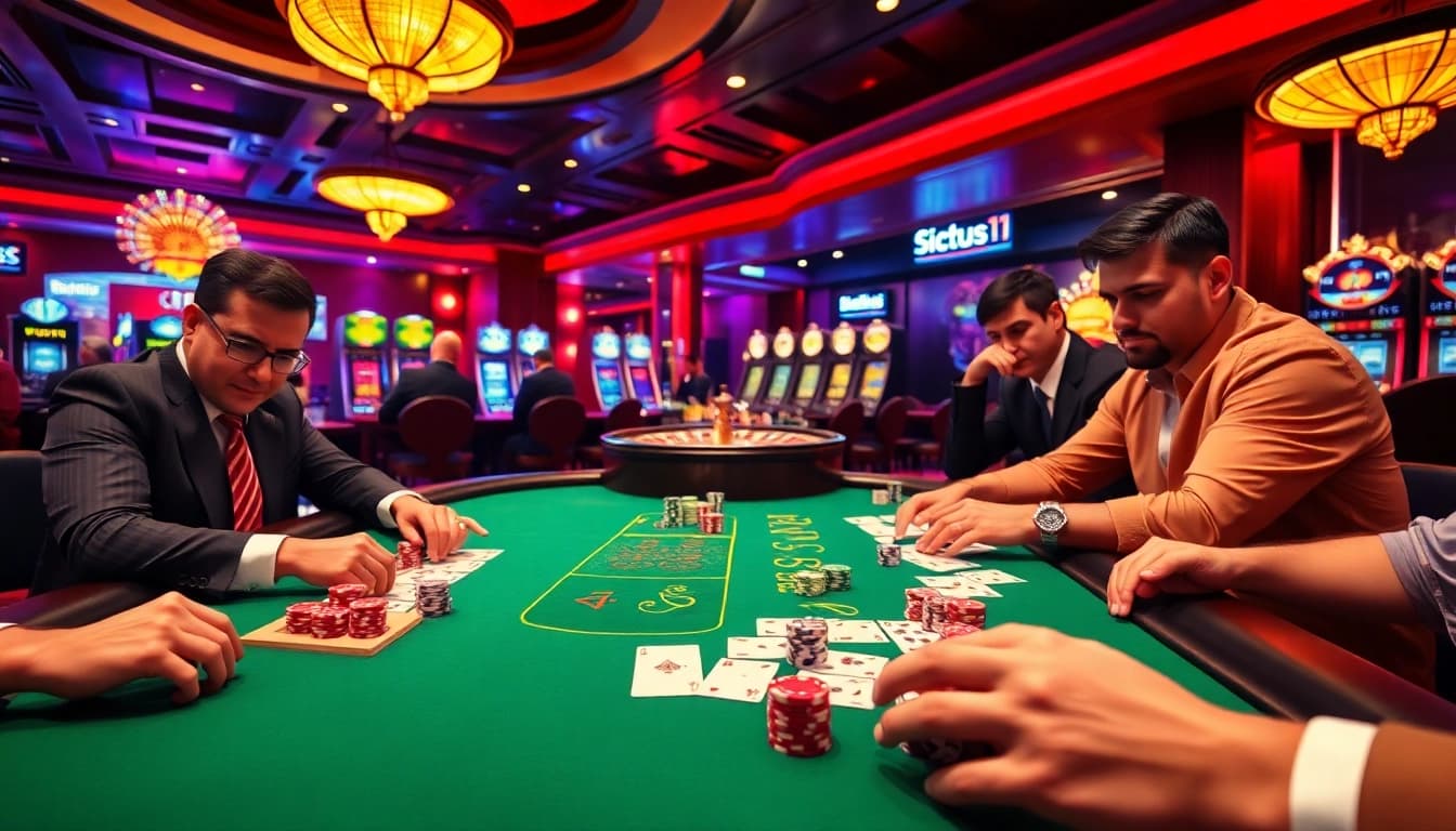 Experience the thrill at situs 11 with an exciting poker game illuminated by vibrant casino lights.