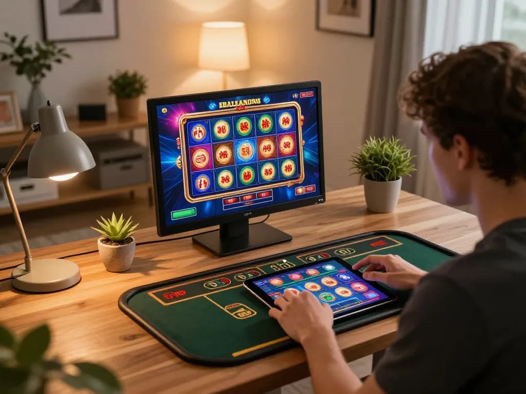Player enjoying engaging casino games on a tablet at home, highlighting the strategic experience at 78win.