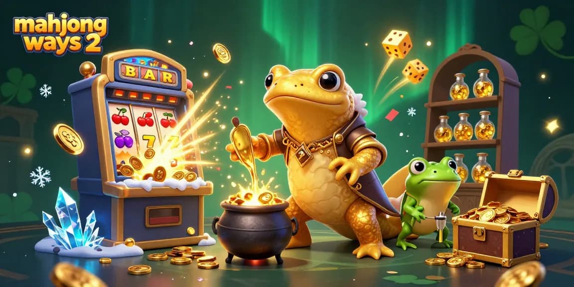 Explore Mahjong Ways 2 with a golden salamander and a winning slot machine bursting coins.