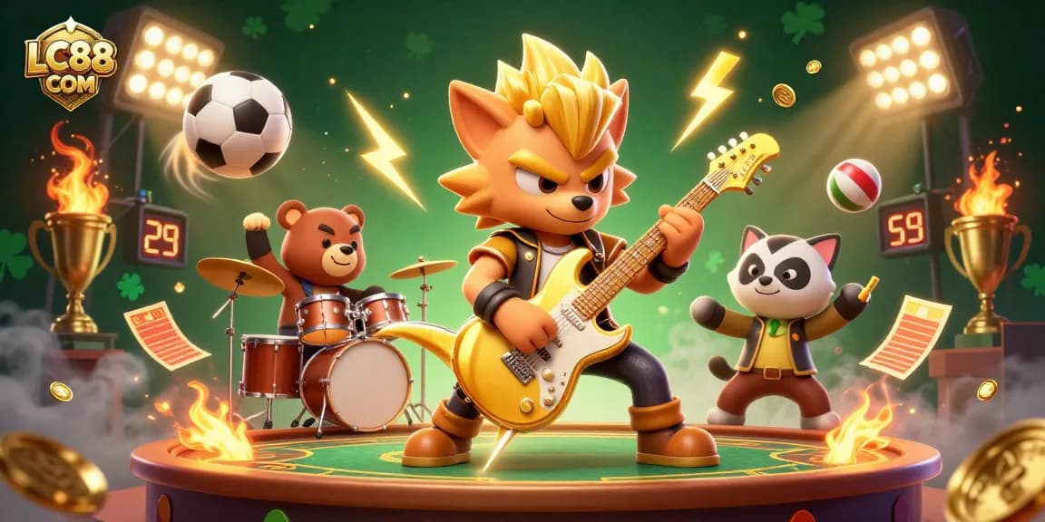 Engage with the thrilling atmosphere of LC88 COM as a rock star wolf and drummer bear illuminate the casino stage.