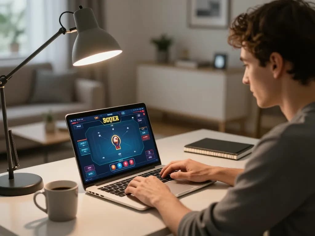 LGO SUPER online casino gaming session at home with strategic focus and warm ambiance