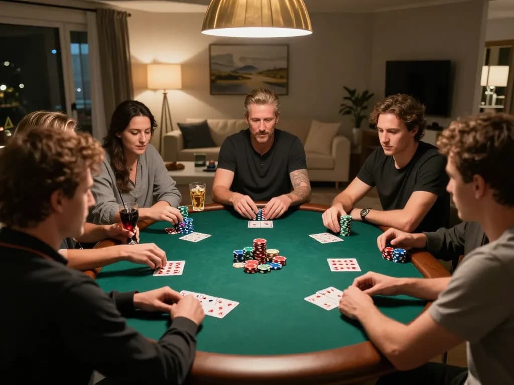 Friends enjoying a competitive poker night featuring intense gameplay and strategy at home using ug883.