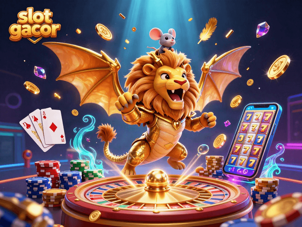 Experience thrilling wins with slot gacor in this vibrant 3D casino illustration featuring a roaring chimera.