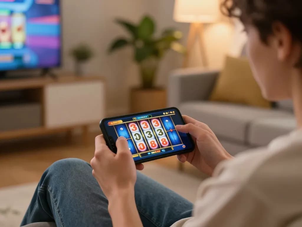 Pemain menikmati permainan slot di perangkat mobile dalam suasana ruang tamu yang nyaman, menangkap kegembiraan.