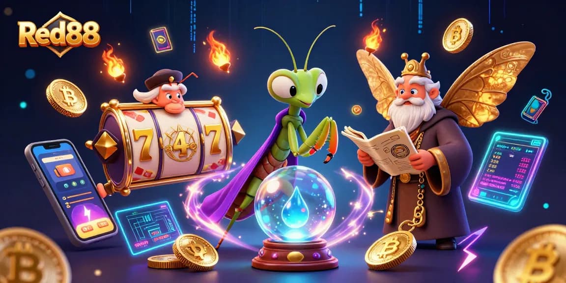 Experience thrilling wins at Red88 with a vibrant casino scene featuring mystical characters and slot game elements.