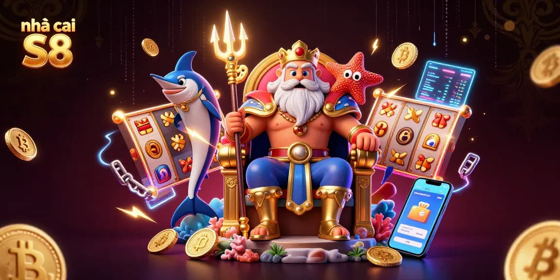 Experience thrilling gaming action at nhà cái S8 with a vibrant 3D casino scene featuring Neptune and colorful slot elements.