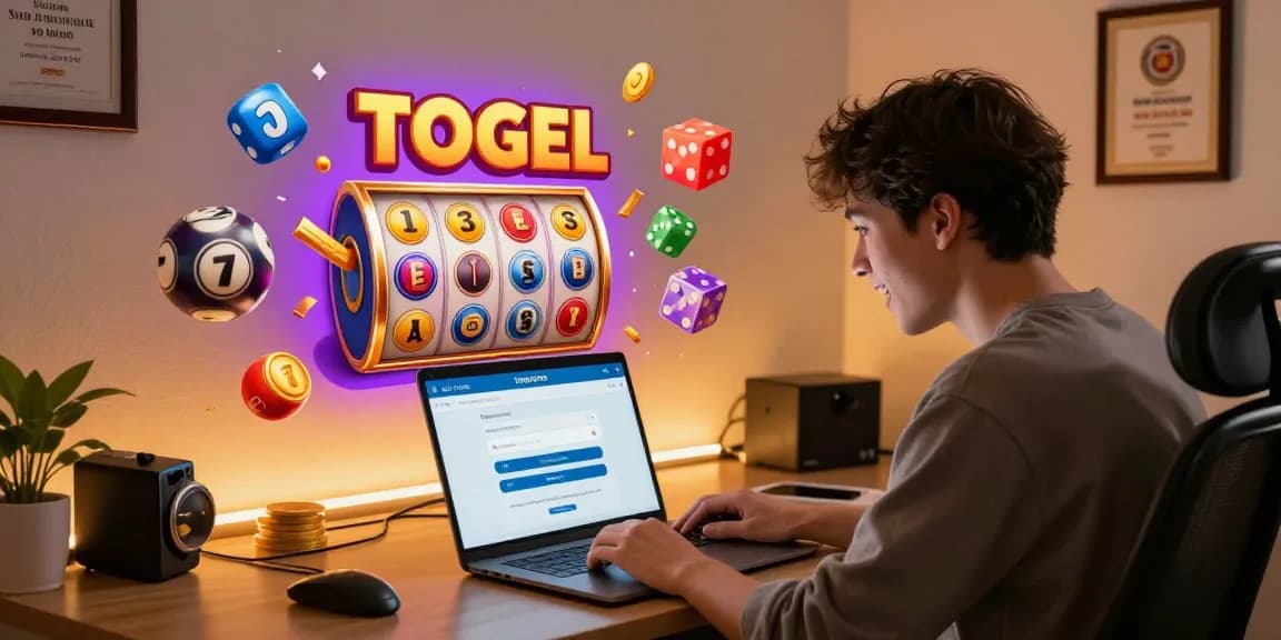 A person checking their tempototo login while playing togel online, surrounded by vibrant gaming icons.