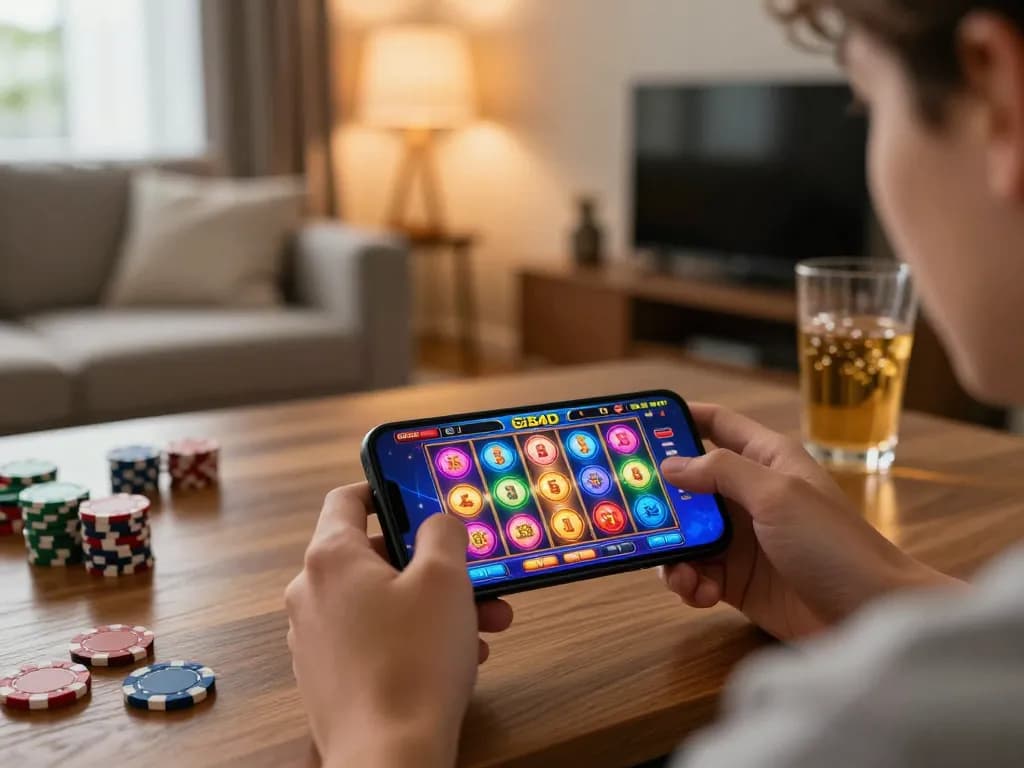 SIS4D player enjoying mobile casino gaming on smartphone in a stylish home environment.